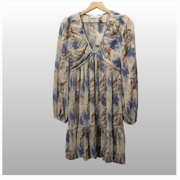 NWT Floret Studios Floral V-Neck Ruffle Hem Dress Balloon Sleeves Size Small - Picture 2 of 12